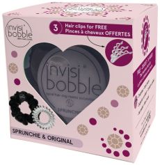 Invisibobble Heart Style Set - Gumička original Crystal 3ks + Gumička Sprunchie Černá 1ks + Spony do vlasů Waver Crystal Clear 3ks Dárková sada