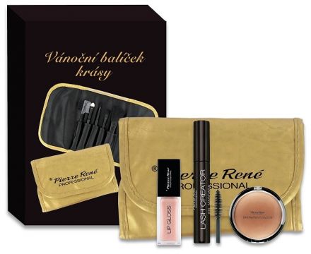 Pierre René Vánoční balíček krásy č.42 - Řasenka XXL + Lesk na rty + Bronzující pudr + Zlaté pouzdro se Dárková sada
