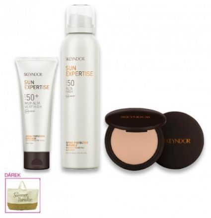 Skeyndor Sun Expertise Sun Set č.10 - Ochranný sprej 200ml + Tónovací krém SPF50 75ml + Make-up SPF50 01 - světlý + Plážová taška Dárková sada