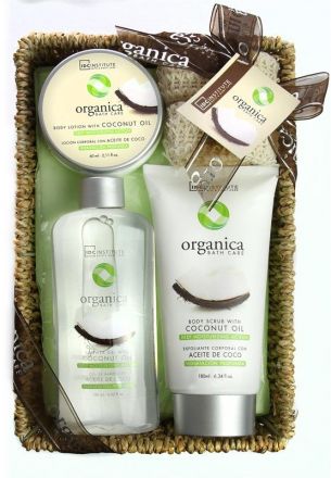 Aquarius Organica Bath Set Kokos - Sprchový gel 188ml + Tělové mléko 180ml + Tělový peeling 60ml + Sisalová houbička 1ks Dárková sada