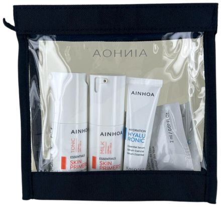 Ainhoa Skin Primers Hydra Travel Set - Čistící mléko 30 ml + tonikum 30 ml + hydratační sérum Hyaluronic 30 ml + krém 2 ml + oční krém 2 ml Dárková sada