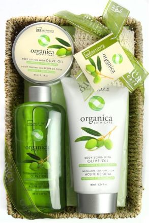 Aquarius Organica Bath Set Olive - Sprchový gel 188ml + Tělové mléko 180ml + Tělový peeling 60ml + Sisalová houbička 1ks Dárková sada