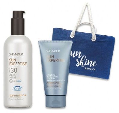 Skeyndor Sun Expertise Solární Tělový Set - Ochranná emulze SPF30 200 ml + Osvěžující emulze po opalování 150 ml + Plážová taška Dárková sada