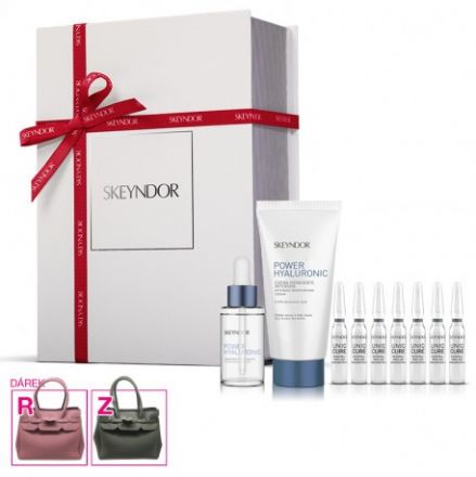 Skeyndor Power Hyaluronic Vánoční sada - Hydratační emulze pro suchou pleť 50 ml + hydratační booster 30 ml + ampule Uniqcure obnovující peeling + kabelka Dárková sada