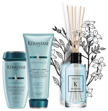 Kerastase Resistance Force Architecte Sada - Šampon pro poškozené vlasy 250 ml + péče pro poškozené vlasy 200 ml + interierová vůně 200 ml Dárková sada