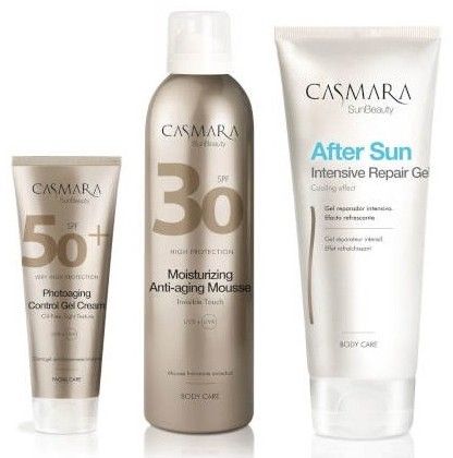 Casmara Sun Beauty Sada II - Gel-krém SPF50+ 50ml + Hydratační tělová opalovací pěna SPF30 200ml + Obnovující tělový gel po opalování 200ml Dárková sada