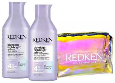 Redken Blondage High Bright Set - Šampon pro blond vlasy 300ml + Kondicioner pro blond vlasy 300ml + Neceser Dárková sada