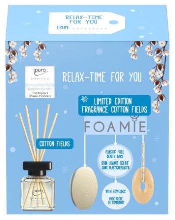 Foamie x Ipuro Relax-Time Set - Tuhá tělová péče 80 g + cestovní pouzdro 1 ks + aroma difuzér 50 ml Dárková sada