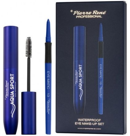 Pierre René Aqua Sport Set - Voděodolná řasenka černá 8 ml + tužka na oči modrá 0,4g Dárková sada