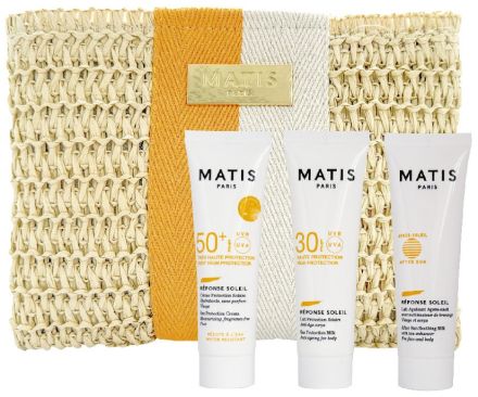 Matis Paris Réponse Soleil Travel Kit - Ochranný pleťový krém SPF 50+ 20ml + Ochranné tělové mléko SPF30 20ml + Zklidňující tělové mléko po opalování 20ml Dárková sada