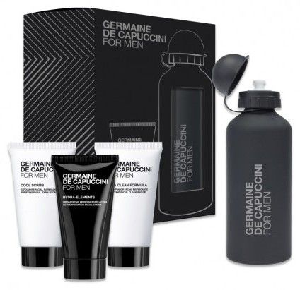 Germaine de Capuccini For Men Sada - čistící gel 50 ml + peeling 50 ml + krém 50 ml + láhev na pití 600 ml Dárková sada