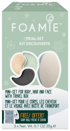 Foamie Trial Size Set - Tuhý sprchový gel 20 g + šampon 20 g + mýdlo na obličej 20 ml + Travel box 1ks Dárková sada