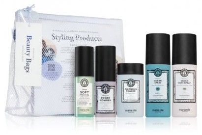 Maria Nila Style & Finish Beauty Bag 2022 - Krémový sprej 150 ml + sprej na vlny 150 ml + arganový olej 30 ml + čistící prášek 60 g+ objemový prášek 2 g Dárková sada