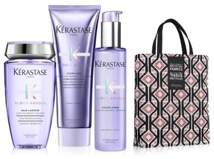Kérastase Blond Absolu Set - Rozjasňující šampon pro blond vlasy 250ml + Rozjasňující péče 250ml + Termoochranné sérum 150ml + Letní plážová taška Dárková sada