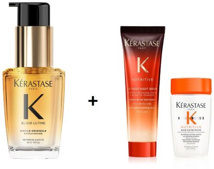 Kérastase Elixír Ultime Travel set - Zkrášlující olej na vlasy 30 ml + Zkrášlující noční sérum 30ml + Hydratační šampon 80ml Dárková sada