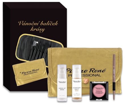 Pierre René Vánoční balíček krásy č.45 - Báze pod Make-up + Make-up + Tvářenka + Tužka na rty + Zlaté pouzdro se štětci Dárková sada
