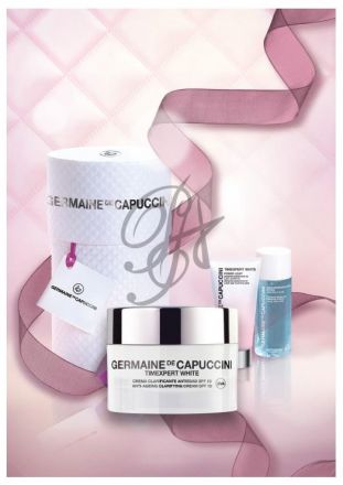 Germaine de Capuccini Timexpert White Sada č.55 - Rozjasnující krém 50 ml + Rozjasňující sérum 30 ml + Odličovací pleťová voda 50 ml + Dámská taška Dárková sada