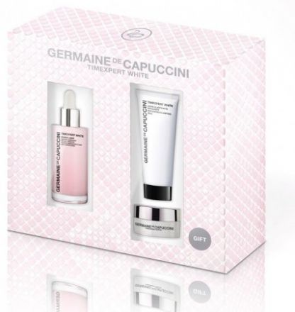 Germaine de Capuccini Timexpert White Kiss Me Set - Rozjasňující Booster Power Light 50 ml + Odličovací mléko s bělicím účinkem 30 ml + Krém rozjasňující Anti-Aaging SPF 15 15 ml Dárková sada