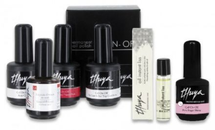 Thuya Set Gelů letní sada 2018 - Gel Rosa Neon 14 ml + podkladová báze 14 ml + Top Coat s UV filtry 14 ml + Primer bez kyseliny 14 ml + Gel on-off Pink Sugar Shine 14 ml + Olej Instant Liss 5 ml Dárková sada