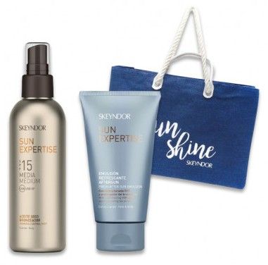 Skeyndor Sun Expertise Solární Set - Suchý olej SPF15 150 ml + Osvěžující emulze po opalování 150 ml + Plážová taška Dárková sada