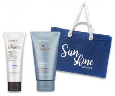 Skeyndor Sun Expertise Solární Sada - Ochranný krém SPF50+ 75 ml + Osvěžující emulze po opalování 150 ml + Plážová taška