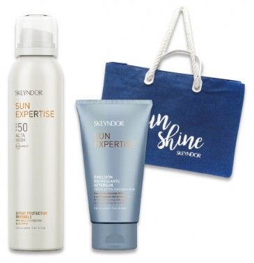 Skeyndor Sun Expertise Tělový Set - Invisible protective sun sprej SPF50 200 ml + Osvěžující emulze po opalování 150 ml + Plážová taška Dárková sada