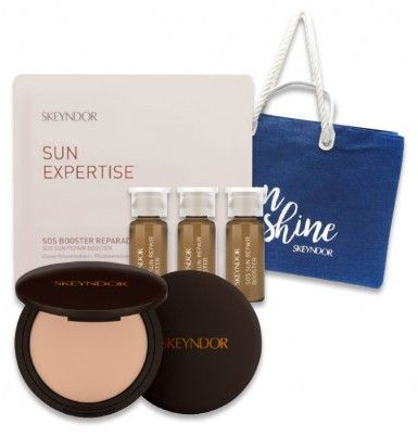 Skeyndor Sun Expertise Solární Pleťový Set - Kompaktní světlý make-up SPF50 + SOS reparační booster 12 x 3 ml + plážová taška Dárková sada