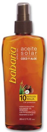 Babaria Sun Aceite Solar Spray Oil Coco/Aloe - Opalovací olej s výtažkem z Aloe Vera a Kokosem SPF10 200ml + voda Aloe Vera 75ml zdarma