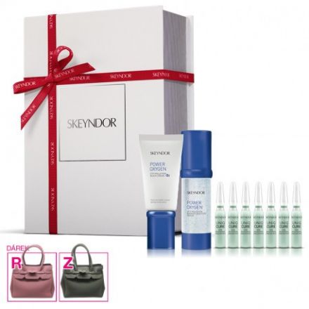 Skeyndor Power Oxygen Vánoční Sada - Revitalizační gel-krém na suchou pleť 50 ml + Detoxikační sérum 30 ml + ampule Uniqcure obnovující 7 ks + kabelka Dárková sada