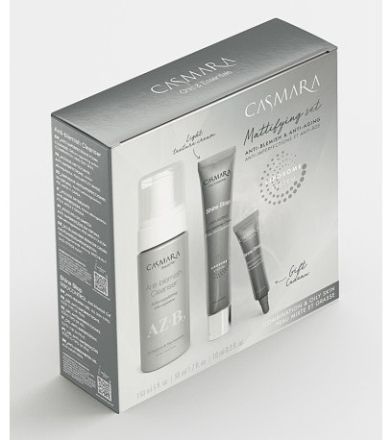 Casmara Shine Stop Mattifying Anti-aging Set - Pěnový odličovač 150 ml + zmatňující krém 50 ml + gel pro lokální ošetření 10 ml Dárková sada