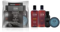 American Crew Regimen Travel Set - šampon 100 ml + sprchový gel 100 ml + gel na vlasy fiber 50 ml + gel na holení 50 ml Dárková sada