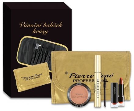 Pierre René Vánoční balíček krásy č.38 - Řasenka 3v1 + Kompaktní pudr + Rtěnka + Zlaté pouzdro se štětci Dárková sada