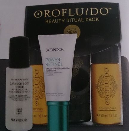 Skeyndor Set č.1 - Tělová emulze 30ml + Antioxidační krém 50ml + Orofluido šampon 50ml,kondicionér 50 ml a maska 40ml + Minifén Dárková sada