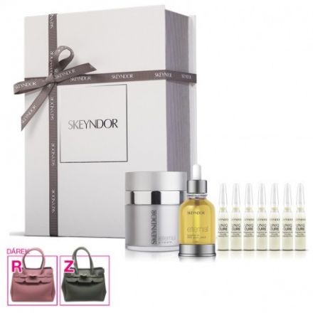 Skeyndor Eternal Vánoční Sada - Krém Eternal 50 ml + suchý olej 30 ml + ampule Uniqcure hutnost a výplň 7 ks + kabelka Dárková sada