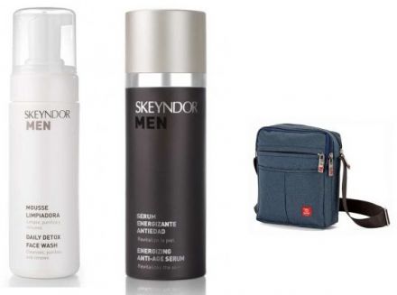 Skeyndor For Men Preventivní péče proti vráskám sada - Detoxikační pěna pro každodenní použití 150 ml + sérum proti stárnutí 30 ml + pánská taška Dárková sada