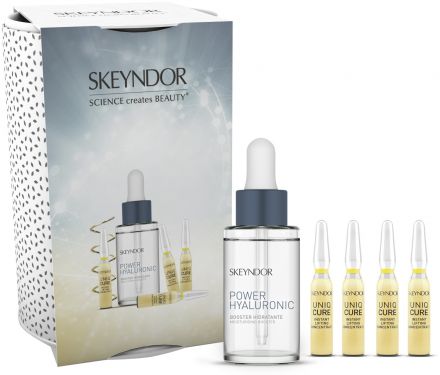 Skeyndor Power Hyaluronic letní sada - Booster 50 ml + obnovující peelingový koncentrát 4 x 2 ml + ledvinka Dárková sada