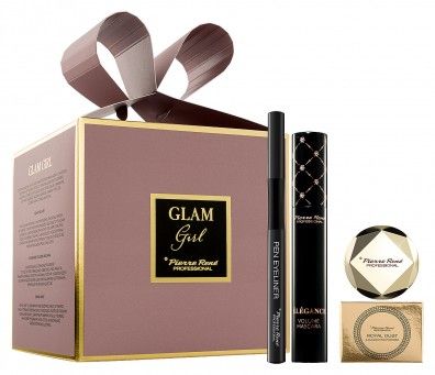 Pierre René Glam Girl Pink Set - Objemová řasenka černá 10 ml + oční linky fix černá 1ml + rozjasňovač na obličej 3,5 g Dárková sada