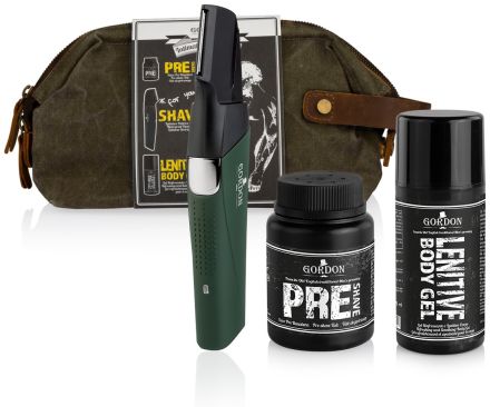 Gordon Barber Intimate Shaving Kit - Holicí strojek na intimní partie muže + Mastek na holení + Gel po holení + Cestovní pouzdro Dárková sada
