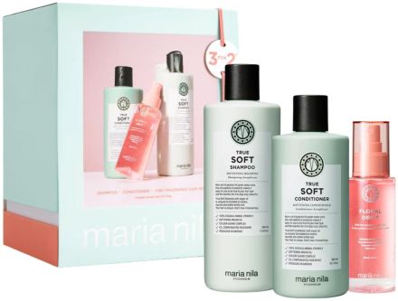 Maria Nila True Soft Holiday Box 2025 - Hydratační šampon 350 ml + hydratační kondicionér 300 ml + vůně do vlasů 100 ml Dárková sada