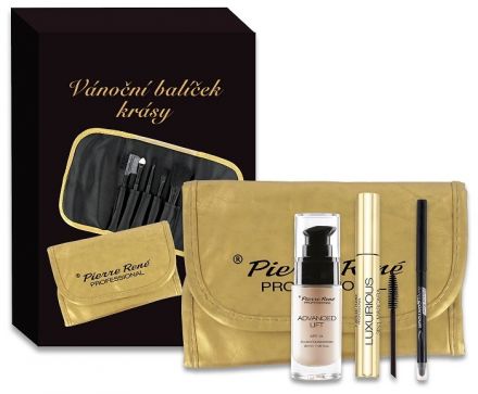Pierre René Vánoční balíček krásy č.39 - Řasenka 3v1 + Make-up + Tužka na oči + Zlaté pouzdro se štětci Dárková sada