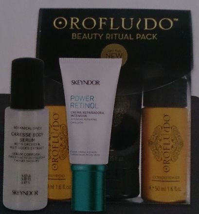 Skeyndor Set č.2 - Tělová emulze 30ml + Antioxidační emulze 50ml + Orofluido šampon 50ml,kondicionér 50 ml a maska 40ml + Minifén Dárková sada