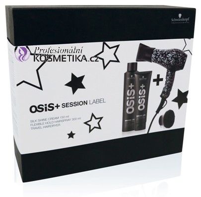 Schwarzkopf Osis+ Session Label Vánoční sada - Lak na vlasy 300ml + Hedvábný krém pro lesk 150ml + Cestovní fén Dárková sada