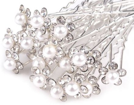 Štrasová vlásenka - květinka s perličkou bíla 1ks