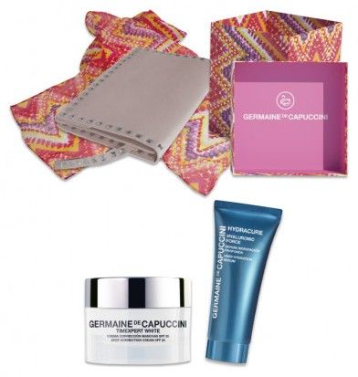 Germaine de Capuccini Timexpert White Letní sada 2018 - Korekční krém na skvrny SPF 20 50 ml + Pleťové sérum Hydracure Hyaluronic Force 30 ml + Módní šátek + Neceser Dárková sada