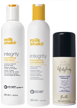 Milk Shake Integrity Sada - Šampon na poškozené vlasy 300 ml + kondicionér 300 ml + lak na vlasy 100 ml Dárková sada