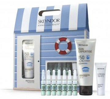 Skeyndor Sun Expertise Blue Light Sun Set - Ochranný pleťový krém SPF50 Blue Ocean 75 ml + SOS ampule 7 x 2 ml + Urban White 10 ml Dárková sada