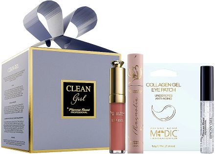 Pierre René Clean Girl Blue Set - Hydratační olej na rty 8ml + řasenka Magnolia černá 10 ml + fixační gel na obočí 10 ml + maska na oční okolí 2 x 5,5 g Dárková sada