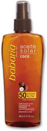 Babaria Sun Aceite Solar Spray Oil Coco - Opalovací olej ve spreji s kokosem SPF50 200ml + voda Aloe Vera 75ml zdarma