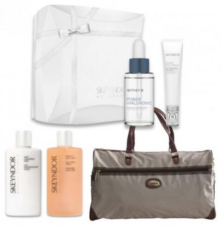 Skeyndor Power Hyaluronic Vánoční balíček č.3 - Hydratační booster 30ml + Gel na oční okolí a řasy 15ml + Čistící mléko 50ml + Pleťové tonikum 50ml + Cestovní taška Dárková sada