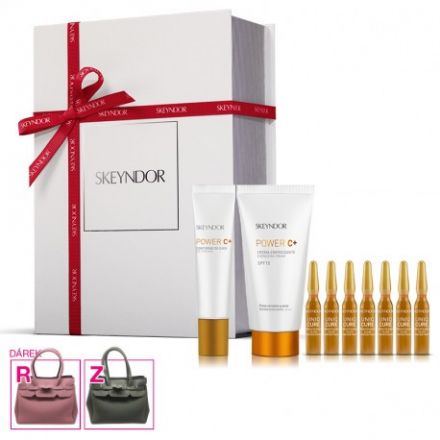 Skeyndor Power C+ Vánoční Sada - Energizující krém pro normální až smíšená pleť SPF15 50 ml + Krém na oční okolí 15 ml + ampule Uniqcure rozjasňující 7 ks + kabelka Dárková sada